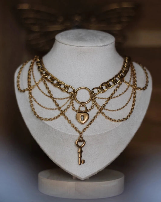 collier multi chaînes doré, collier tendance superposé, collier multi rangs femme, bijou doré mystique